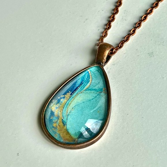 Blue Teardrop Copper Pendant Necklace, Handmade Inked Copper Pendant